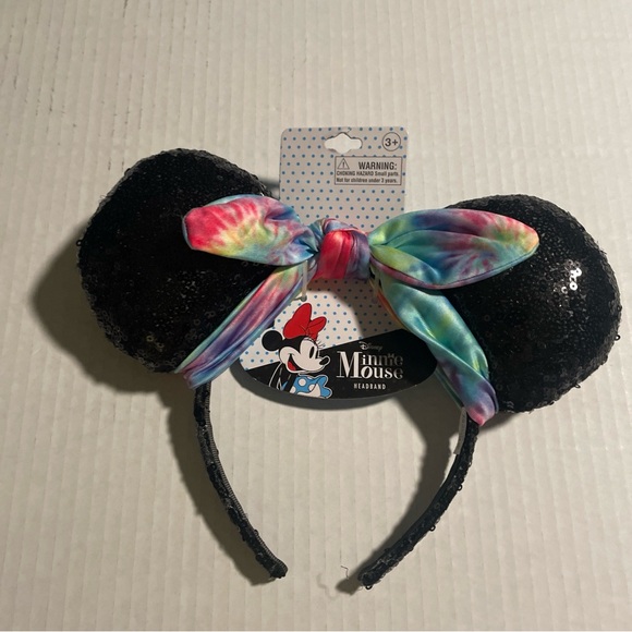 Disney Minnie Mouse Headband Hair Mickey Ears Black With Colored Bow Sparkly New - Picture 1 of 4